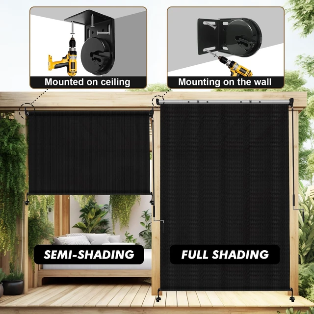 Alt view image 4 of 6 - Outdoor Roller Shade 8' W x 8' H, Black Exterior Cordless Patio Shades Roll Up Blinds with Spliced Pole Design, (2 Poles, One-Piece Fabric)