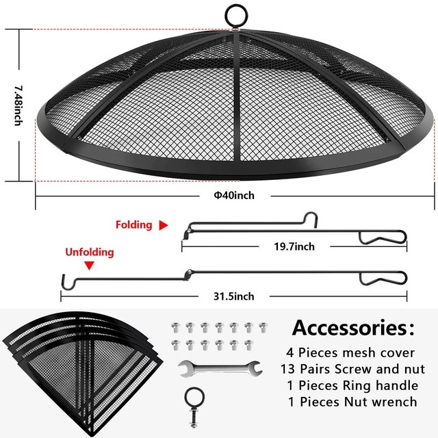 Alt view image 2 of 7 - Fire Pit Spark Screen, Fire Pit Screen 40 Inch Round with Handle & Poker | Stainless steel, Prevents Sparks, High Temperature Resistant, Fire Pit Cover Lid for Outdoor/Patio/Backyard/RV Camping/Beach
