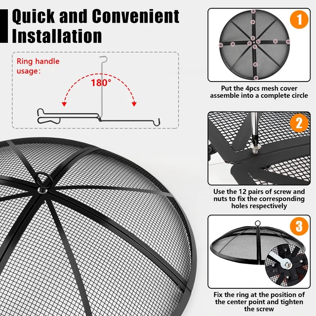 Alt view image 3 of 7 - Fire Pit Spark Screen, Fire Pit Screen 40 Inch Round with Handle & Poker | Stainless steel, Prevents Sparks, High Temperature Resistant, Fire Pit Cover Lid for Outdoor/Patio/Backyard/RV Camping/Beach