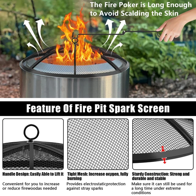 Alt view image 4 of 7 - Fire Pit Spark Screen, Fire Pit Screen 40 Inch Round with Handle & Poker | Stainless steel, Prevents Sparks, High Temperature Resistant, Fire Pit Cover Lid for Outdoor/Patio/Backyard/RV Camping/Beach