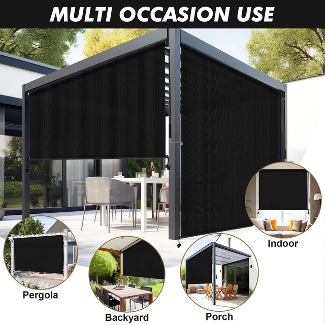 Alt view image 6 of 6 - Outdoor Roller Shade 8' W x 8' H, Black Exterior Cordless Patio Shades Roll Up Blinds with Spliced Pole Design, (2 Poles, One-Piece Fabric)