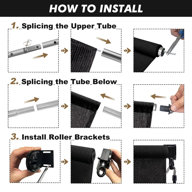Alt view image 5 of 6 - Outdoor Roller Shade 8' W x 8' H, Black Exterior Cordless Patio Shades Roll Up Blinds with Spliced Pole Design, (2 Poles, One-Piece Fabric)