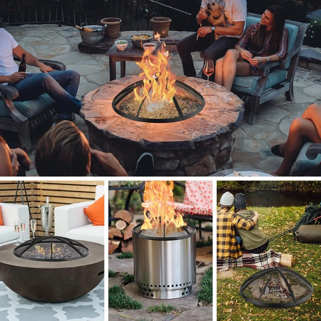Alt view image 7 of 7 - Fire Pit Spark Screen, Fire Pit Screen 40 Inch Round with Handle & Poker | Stainless steel, Prevents Sparks, High Temperature Resistant, Fire Pit Cover Lid for Outdoor/Patio/Backyard/RV Camping/Beach