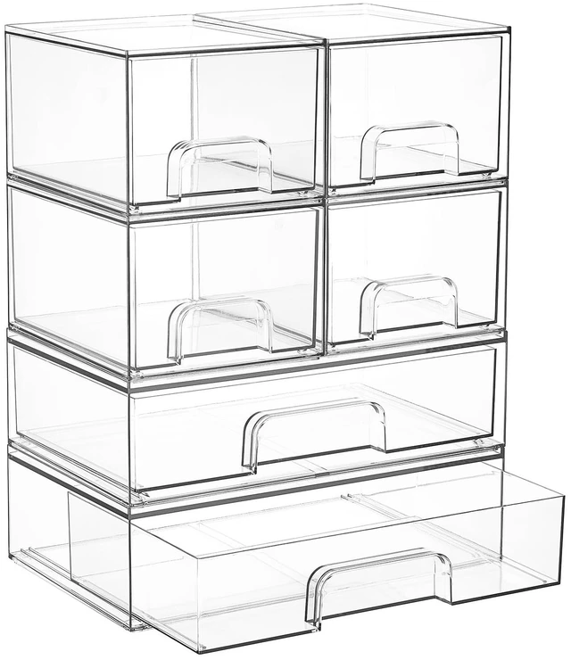 Main image of Stackable Storage Drawers Set of 6, Plastic Organizer Bins | Multi-Purpose Boxes for Bathroom Accessories Storage, Ideal for Cabinet,Shelf, Pantry, Laundry Room Organization