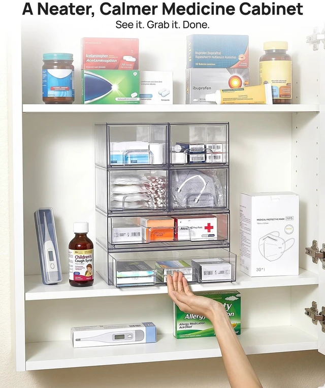Alt view image 5 of 7 - Stackable Storage Drawers Set of 6, Plastic Organizer Bins | Multi-Purpose Boxes for Bathroom Accessories Storage, Ideal for Cabinet,Shelf, Pantry, Laundry Room Organization
