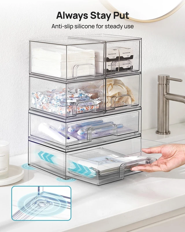 Alt view image 7 of 7 - Stackable Storage Drawers Set of 6, Plastic Organizer Bins | Multi-Purpose Boxes for Bathroom Accessories Storage, Ideal for Cabinet,Shelf, Pantry, Laundry Room Organization