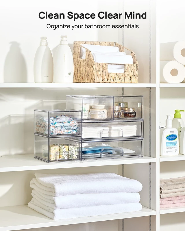 Alt view image 6 of 7 - Stackable Storage Drawers Set of 6, Plastic Organizer Bins | Multi-Purpose Boxes for Bathroom Accessories Storage, Ideal for Cabinet,Shelf, Pantry, Laundry Room Organization