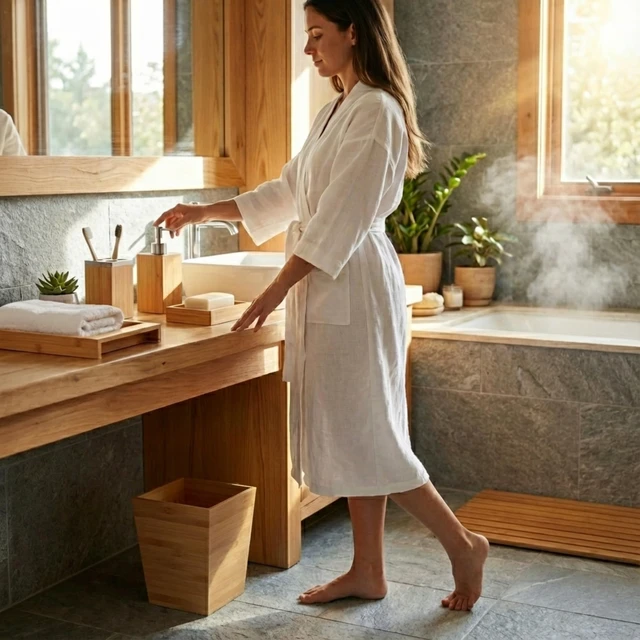 Alt view image 4 of 6 - Bathroom Decor Set, Natural, 5-Piece-Set | Bamboo Bathroom Accessories with Trash Bin, Soap Dish, Soap Dispenser, Toothbrush Holder, and Tray