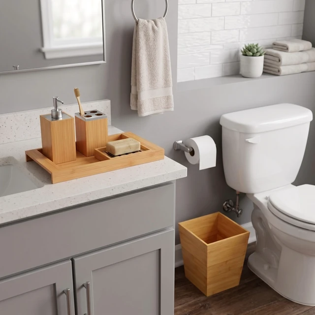 Alt view image 5 of 6 - Bathroom Decor Set, Natural, 5-Piece-Set | Bamboo Bathroom Accessories with Trash Bin, Soap Dish, Soap Dispenser, Toothbrush Holder, and Tray