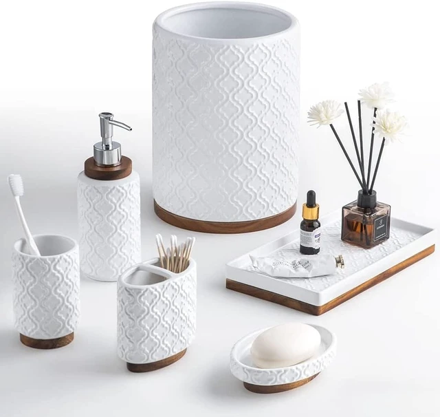 Alt view image 2 of 7 - Ceramic Bathroom Accessories Set,Cream White,6 Piece,with Trash Can | bathroom set soap dispenser toothbrush holder tumbler soap dish trash can tray embossed cream white ceramic easy to clean