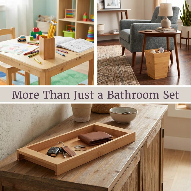 Alt view image 6 of 6 - Bathroom Decor Set, Natural, 5-Piece-Set | Bamboo Bathroom Accessories with Trash Bin, Soap Dish, Soap Dispenser, Toothbrush Holder, and Tray
