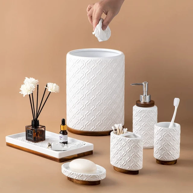 Alt view image 4 of 7 - Ceramic Bathroom Accessories Set,Cream White,6 Piece,with Trash Can | bathroom set soap dispenser toothbrush holder tumbler soap dish trash can tray embossed cream white ceramic easy to clean