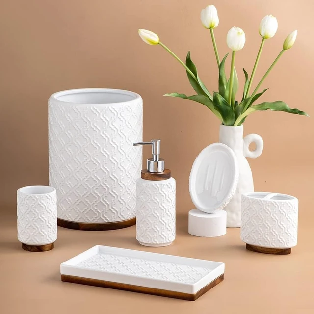 Alt view image 3 of 7 - Ceramic Bathroom Accessories Set,Cream White,6 Piece,with Trash Can | bathroom set soap dispenser toothbrush holder tumbler soap dish trash can tray embossed cream white ceramic easy to clean