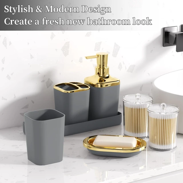 Alt view image 6 of 7 - Bathroom Set - Grey and Gold Bathroom Accessories Set, Bathroom Sets with Shower Curtain and Rugs, Grey Shower Curtain Set with Bathroom Trash Can, Soap Dispenser, Soap Dish for Home Decor