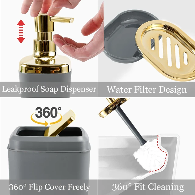 Alt view image 4 of 7 - Bathroom Set - Grey and Gold Bathroom Accessories Set, Bathroom Sets with Shower Curtain and Rugs, Grey Shower Curtain Set with Bathroom Trash Can, Soap Dispenser, Soap Dish for Home Decor