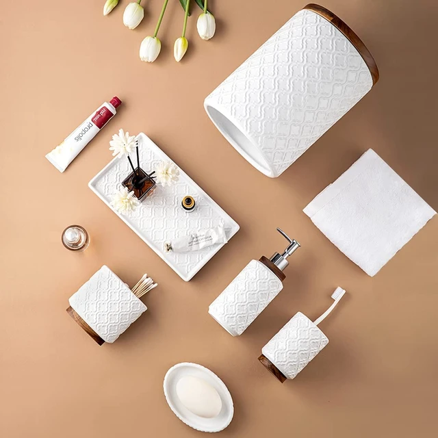 Alt view image 5 of 7 - Ceramic Bathroom Accessories Set,Cream White,6 Piece,with Trash Can | bathroom set soap dispenser toothbrush holder tumbler soap dish trash can tray embossed cream white ceramic easy to clean