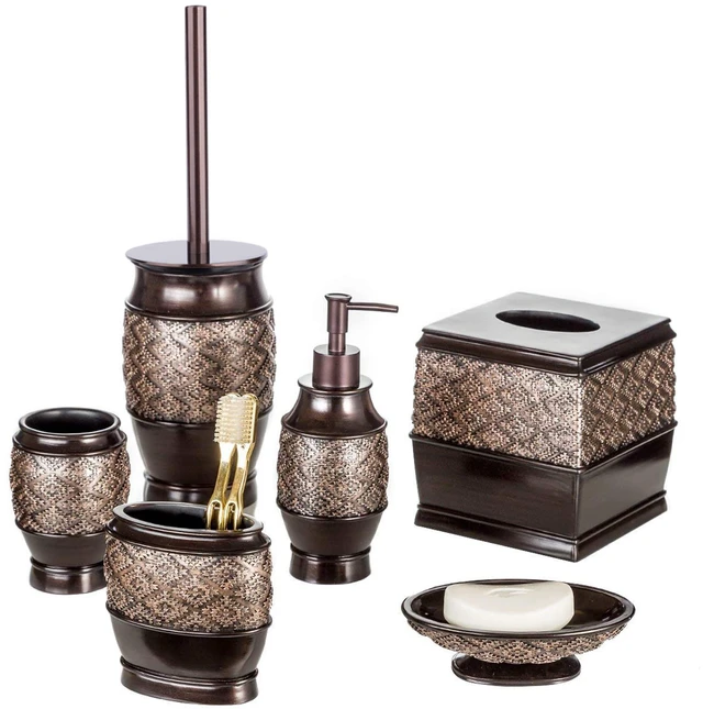 Main image of Dublin Brown 6 Piece Resin Bathroom Accessories Set | Includes Toilet Brush and Holder, Tissue Box Cover, Soap Dispenser, Toothbrush Holder, Tumbler Cup & Soap Dish
