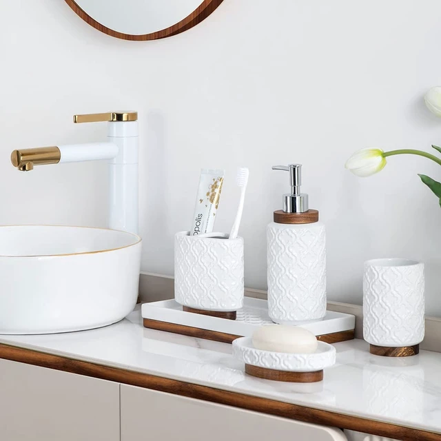 Alt view image 6 of 7 - Ceramic Bathroom Accessories Set,Cream White,6 Piece,with Trash Can | bathroom set soap dispenser toothbrush holder tumbler soap dish trash can tray embossed cream white ceramic easy to clean