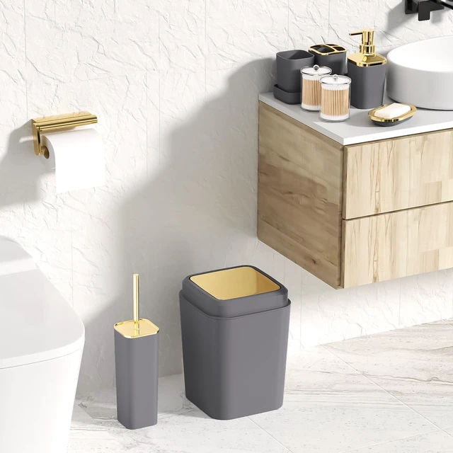 Alt view image 7 of 7 - Bathroom Set - Grey and Gold Bathroom Accessories Set, Bathroom Sets with Shower Curtain and Rugs, Grey Shower Curtain Set with Bathroom Trash Can, Soap Dispenser, Soap Dish for Home Decor