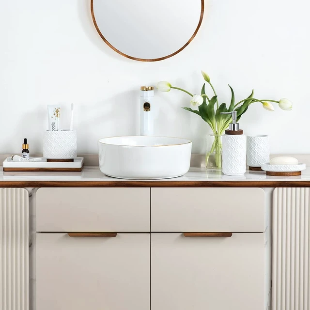 Alt view image 7 of 7 - Ceramic Bathroom Accessories Set,Cream White,6 Piece,with Trash Can | bathroom set soap dispenser toothbrush holder tumbler soap dish trash can tray embossed cream white ceramic easy to clean