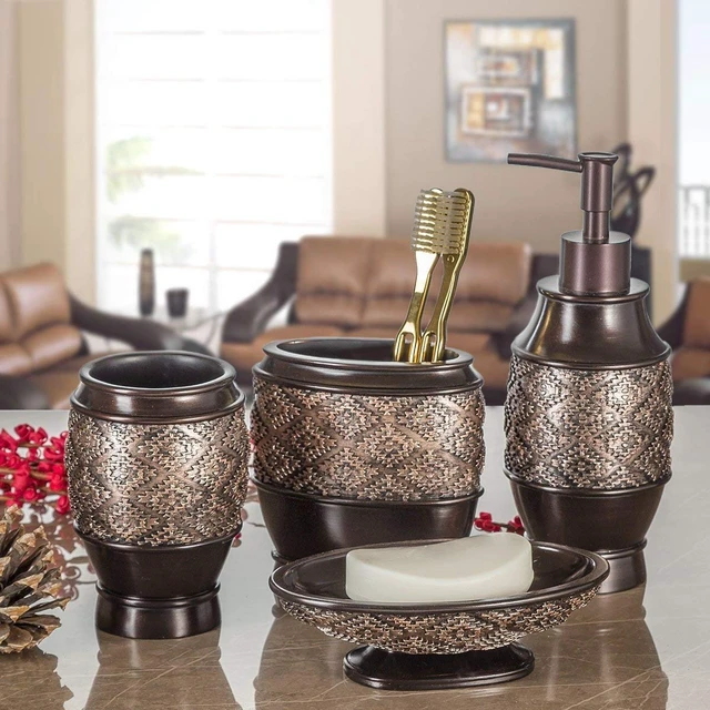 Alt view image 5 of 7 - Dublin Brown 6 Piece Resin Bathroom Accessories Set | Includes Toilet Brush and Holder, Tissue Box Cover, Soap Dispenser, Toothbrush Holder, Tumbler Cup & Soap Dish