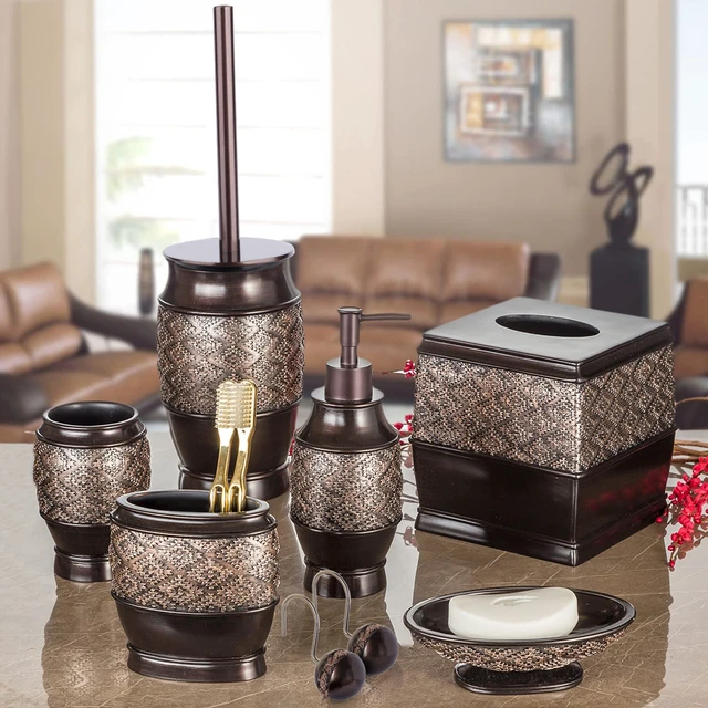 Alt view image 2 of 7 - Dublin Brown 6 Piece Resin Bathroom Accessories Set | Includes Toilet Brush and Holder, Tissue Box Cover, Soap Dispenser, Toothbrush Holder, Tumbler Cup & Soap Dish