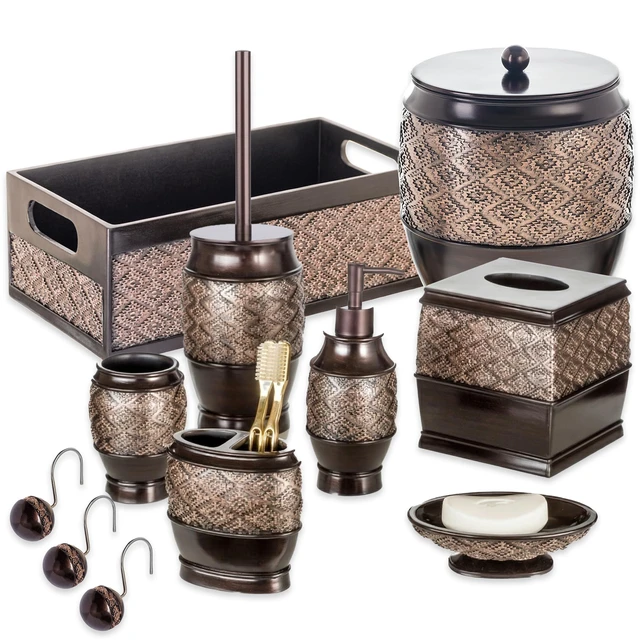 Alt view image 6 of 7 - Dublin Brown 6 Piece Resin Bathroom Accessories Set | Includes Toilet Brush and Holder, Tissue Box Cover, Soap Dispenser, Toothbrush Holder, Tumbler Cup & Soap Dish