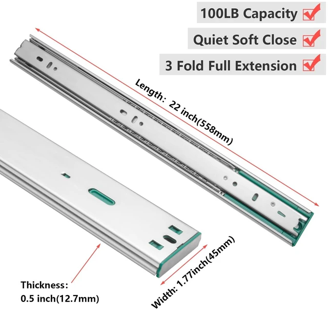 Alt view image 2 of 7 - 10 Pairs Soft Close Drawer Slides 22 Inch Heavy Duty Side Mount Rail | 100lb Load Cold Rolled Steel; 3-Section Full Extension; Quiet Smooth Ball Bearing Track; Quick Release Easy Setup Replacement