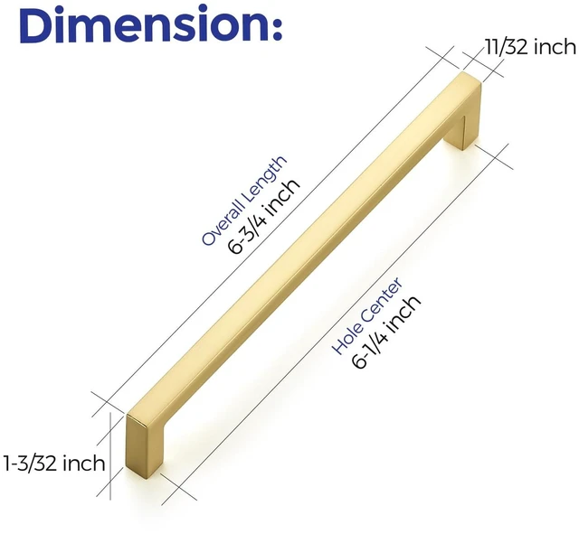 Alt view image 3 of 7 - Brushed Gold Cabinet Handles Solid Cabinet Pulls 6-1/4 Inch 30 Pack | Zinc Alloy, Slim Square Bar Grip, Smooth Drawer Pull Feel, Kitchen Cabinet Update, For Cupboards, Dressers, Drawers, Hardware