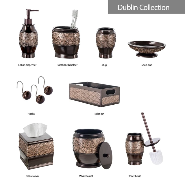Alt view image 7 of 7 - Dublin Brown 6 Piece Resin Bathroom Accessories Set | Includes Toilet Brush and Holder, Tissue Box Cover, Soap Dispenser, Toothbrush Holder, Tumbler Cup & Soap Dish