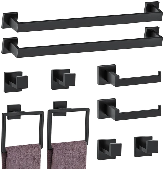 Main image of 10-Piece Matte Black Bathroom Hardware Accessories Set Black Towel Bar Set Towel Holder Set Stainless Steel Wall-Mounted Towel Rack Set for Bathroom,23.6 Inch Towel Rails