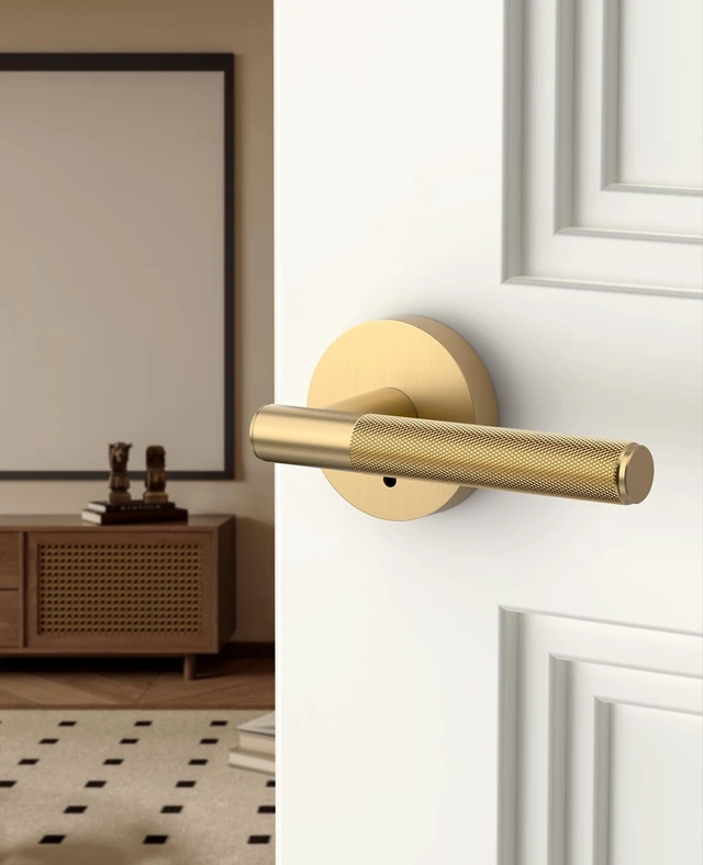 Alt view image 3 of 6 - 4 Pack Champagne Bronze Privacy Interior Door Handles | Thumb-Turn Privacy Lock,Fits 1-3/8"-1-3/4" Doors,Adj. 2-3/8"-2-3/4" Latch,Heavy-duty Zinc,Easy DIY Setup
