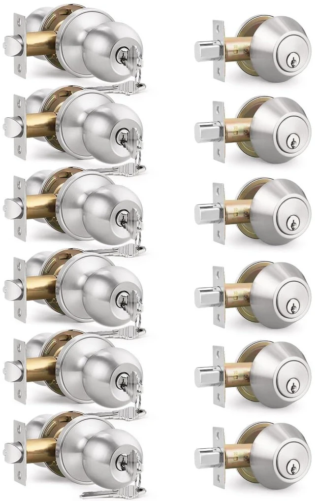 Main image of 6 Pack Keyed Entry Door Knob and Single Cylinder Deadbolt Combination Set in Satin Nickel, Keyed Alike Exterior Knob Door Handle and Deadbolt Lock and Key, Round Locking Lever Handle Set