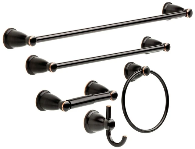 Main image of 5-Piece Oil Rubbed Bronze Bathroom Set (2) Towel Racks, Ring, Toilet Paper Holder, Hook | Kinla Bath Accessories