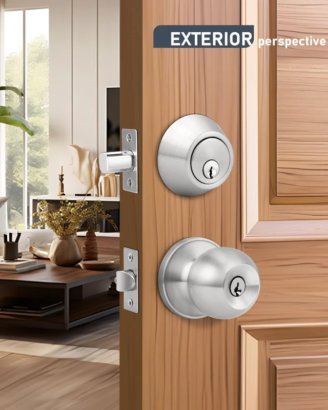 Alt view image 6 of 7 - 6 Pack Keyed Entry Door Knob and Single Cylinder Deadbolt Combination Set in Satin Nickel, Keyed Alike Exterior Knob Door Handle and Deadbolt Lock and Key, Round Locking Lever Handle Set
