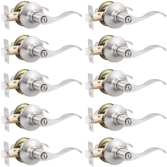 Main image of 10 Pack Privacy Door Levers Bedroom Door Handle with Lock Satin Nickel Interior Door Handles Keyless Door Lock Wave Bed/Bath Lever