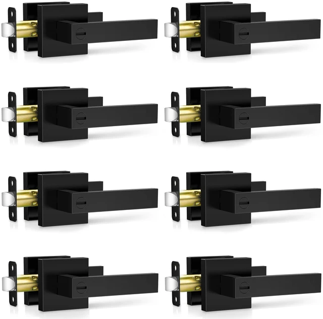 Main image of 8 Pack Matte Black Door Handles Interior, Keyless Interior Door Knobs, Privacy Door Locks for Bedroom Bathroom, Heavy Duty Square Door Lever Locksets, Reversible for Left&Right Handled Doors
