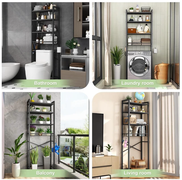 Alt view image 2 of 7 - Over-The-Toilet Storage Rack, 4-Tier Bathroom Organizer Shelf Over Toilet with Adjustable Shelf and Basket, Freestanding Space Saver Bathroom Shelves Above Toilet for Room (Pure Black)