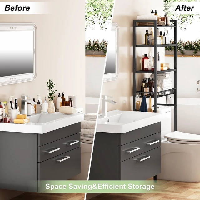 Alt view image 3 of 7 - Over-The-Toilet Storage Rack, 4-Tier Bathroom Organizer Shelf Over Toilet with Adjustable Shelf and Basket, Freestanding Space Saver Bathroom Shelves Above Toilet for Room (Pure Black)