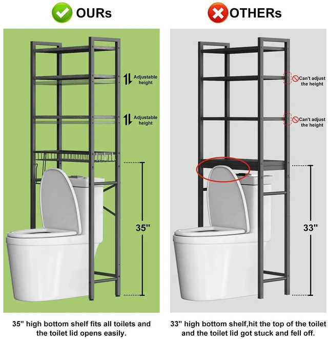 Alt view image 4 of 7 - Over-The-Toilet Storage Rack, 4-Tier Bathroom Organizer Shelf Over Toilet with Adjustable Shelf and Basket, Freestanding Space Saver Bathroom Shelves Above Toilet for Room (Pure Black)