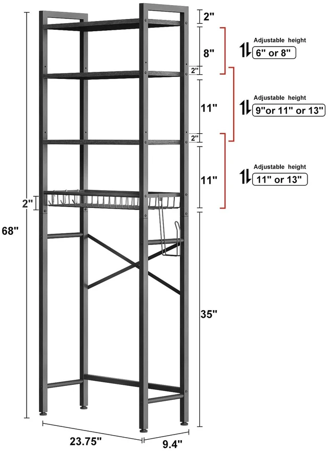 Alt view image 6 of 7 - Over-The-Toilet Storage Rack, 4-Tier Bathroom Organizer Shelf Over Toilet with Adjustable Shelf and Basket, Freestanding Space Saver Bathroom Shelves Above Toilet for Room (Pure Black)