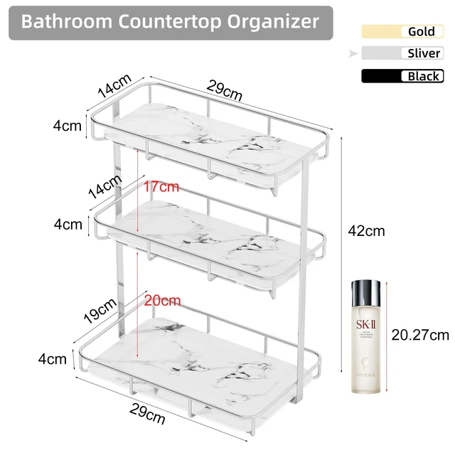 Alt view image 2 of 2 - Bathroom Organizer Countertop Perfume Organizer Makeup Organizer Cosmetics Storage Display Rack Vanity Tray Dresser Stainless Steel Gold Shelf White Marble Ceramic Tray