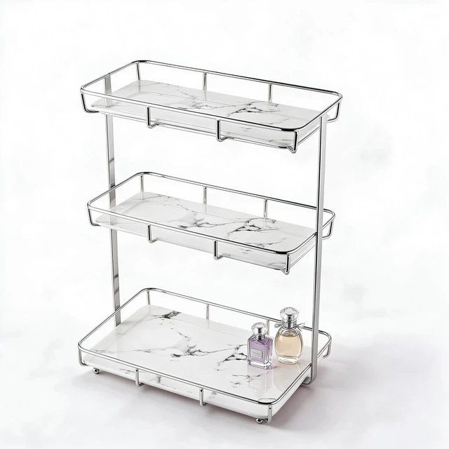 Main image of Bathroom Organizer Countertop Perfume Organizer Makeup Organizer Cosmetics Storage Display Rack Vanity Tray Dresser Stainless Steel Gold Shelf White Marble Ceramic Tray