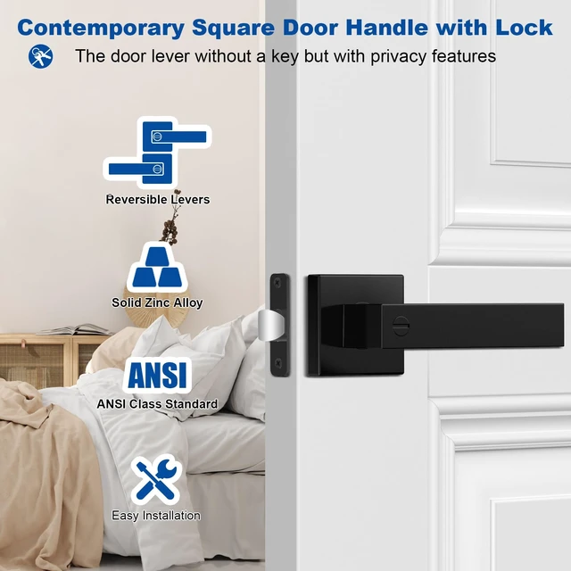 Alt view image 2 of 7 - 8 Pack Door Handles Black Interior Door Knobs, Keyless Privacy Door Levers with Lock Heavy Duty Door Handle for Bedroom Bathroom