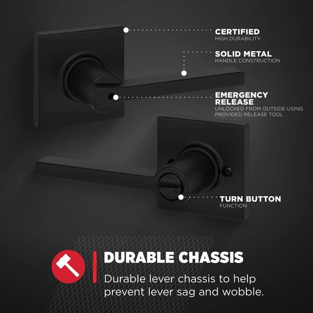 Alt view image 5 of 7 - Casey Interior Privacy Door Handle with Lock 4 Pack, Door Lever for Bathroom and Bedroom, Matte Black Reversible Keyless Turn Lock, with Microban Protection