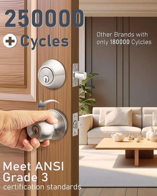Alt view image 2 of 7 - 6 Pack Keyed Entry Door Knob and Single Cylinder Deadbolt Combination Set in Satin Nickel, Keyed Alike Exterior Knob Door Handle and Deadbolt Lock and Key, Round Locking Lever Handle Set