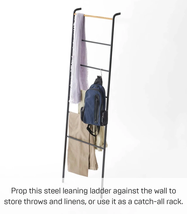 Alt view image 2 of 7 - Home Tower Leaning Ladder Rack, Space Saving - Ladder, 63" - Steel | Leaning ladder hanger for bedroom, closet, living room, bathroom storage. Non-slip rubber caps protect floors and walls.