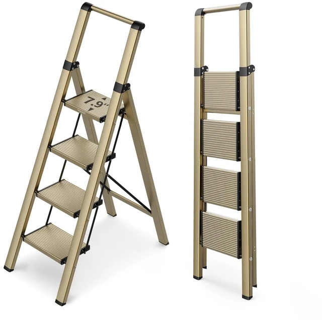 Main image of 4 Step Ladder, 300lbs Load, 36'' Top Step, Gold | 9ft Reach; 7.9'' Wide Pedals; Anti-Slip Feet Grip Wood, Tile, Carpet; Rigid Aluminum Steps; Handrail Adds Balance.