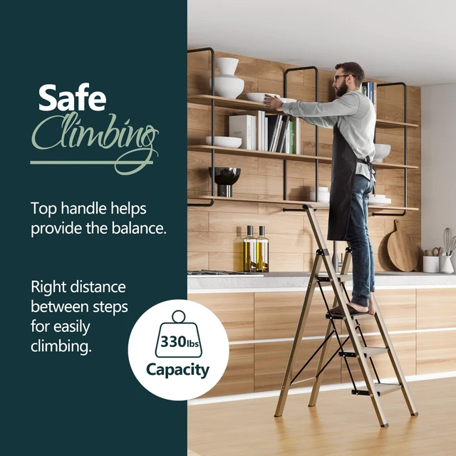 Alt view image 2 of 7 - 4 Step Ladder, 300lbs Load, 36'' Top Step, Gold | 9ft Reach; 7.9'' Wide Pedals; Anti-Slip Feet Grip Wood, Tile, Carpet; Rigid Aluminum Steps; Handrail Adds Balance.