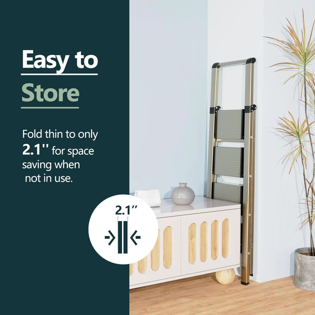 Alt view image 5 of 7 - 4 Step Ladder, 300lbs Load, 36'' Top Step, Gold | 9ft Reach; 7.9'' Wide Pedals; Anti-Slip Feet Grip Wood, Tile, Carpet; Rigid Aluminum Steps; Handrail Adds Balance.